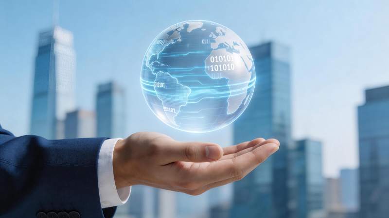 商务人士托举数字地球展现全球科技连接图片