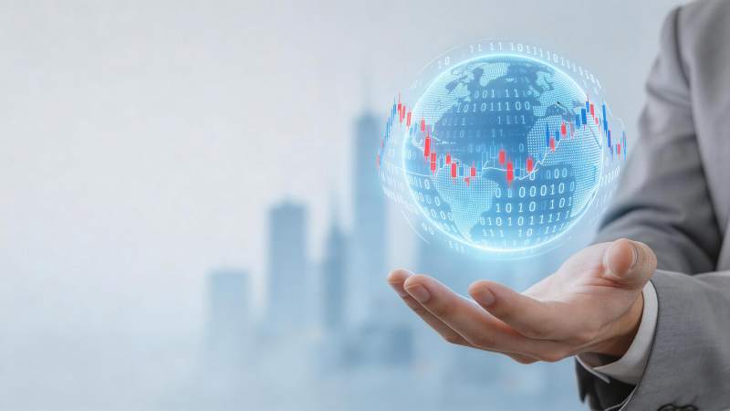 商务人士托举全息地球与金融数据图图片