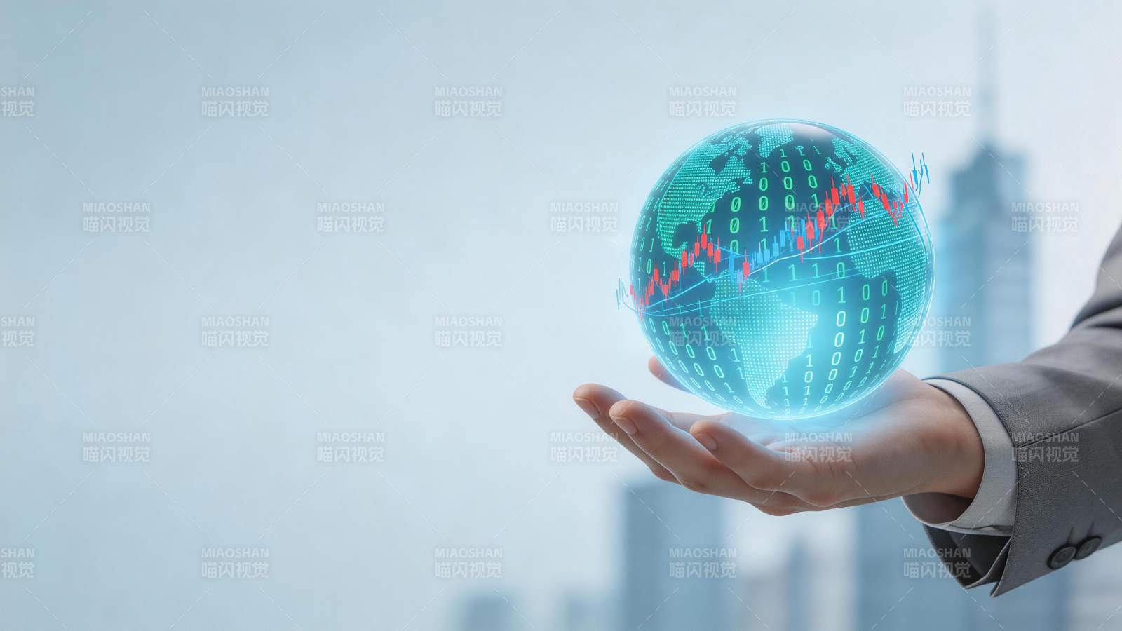 手托全息地球与金融数据图表图片