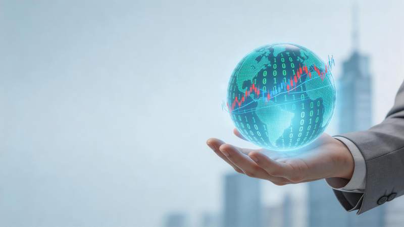 手托全息地球与金融数据图表图片