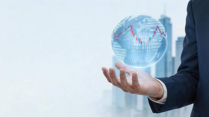 商务人士托举数据地球显示股市曲线图片
