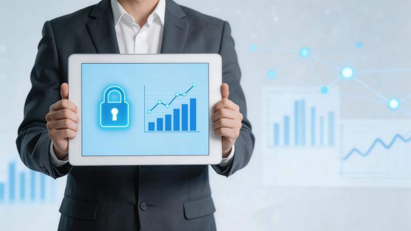 商务人士手持平板展示安全与数据图表图片