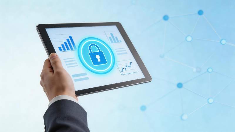 手持平板显示数据图表与安全锁图标图片