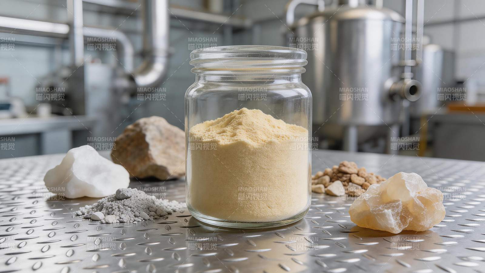 工业环境中多种矿物原料与粉末样品展示图片