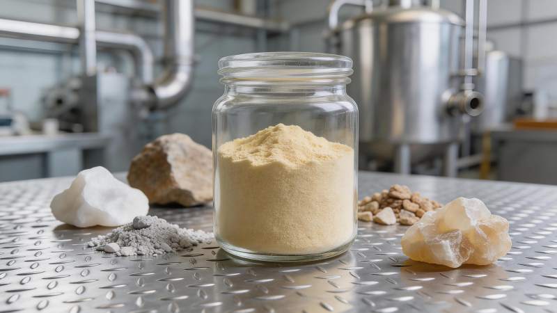 工业环境中多种矿物原料与粉末样品展示图片