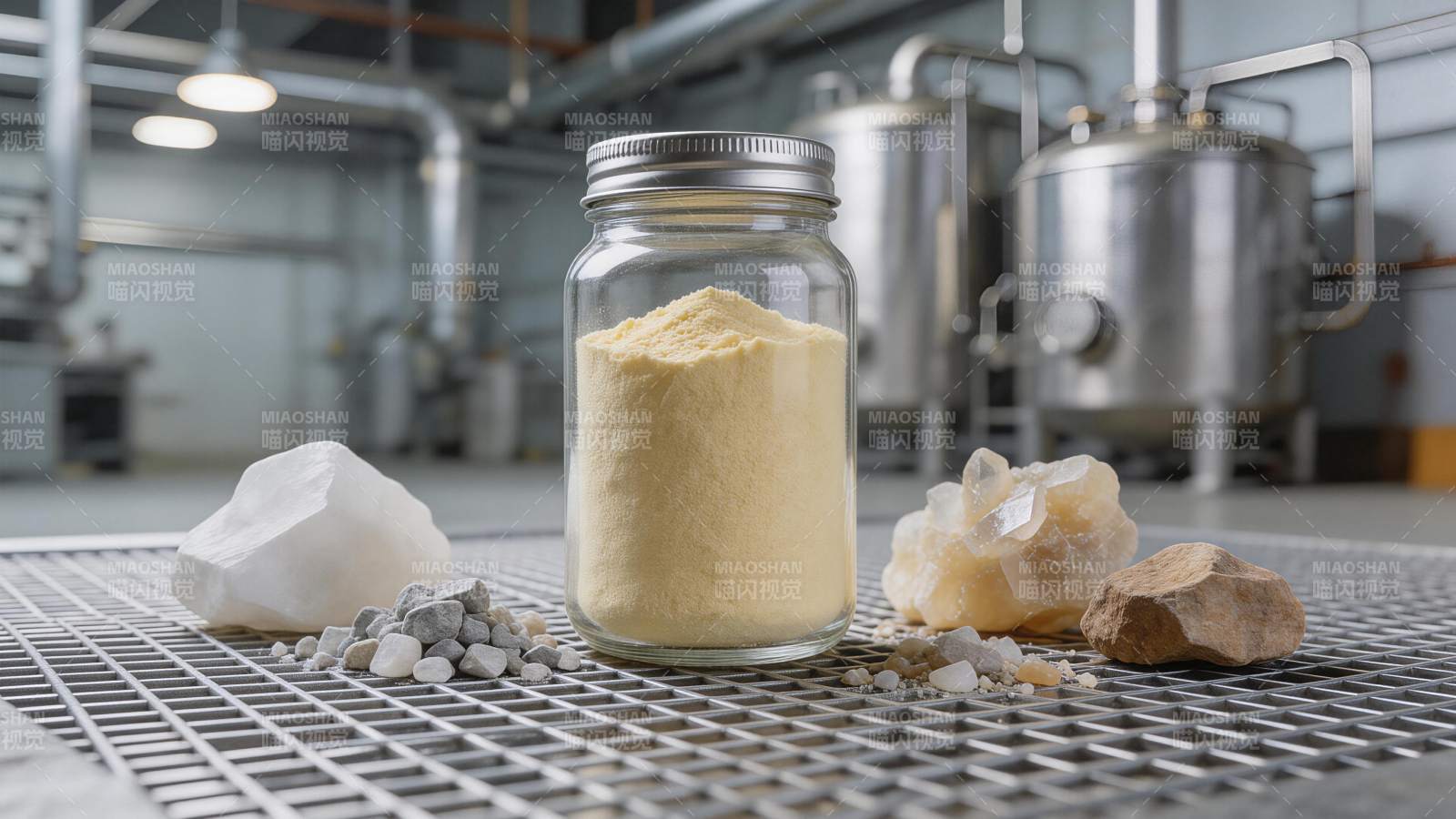 工业环境中粉末原料与矿物样本展示图片
