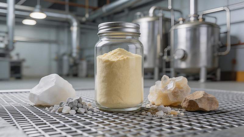 工业环境中粉末原料与矿物样本展示图片