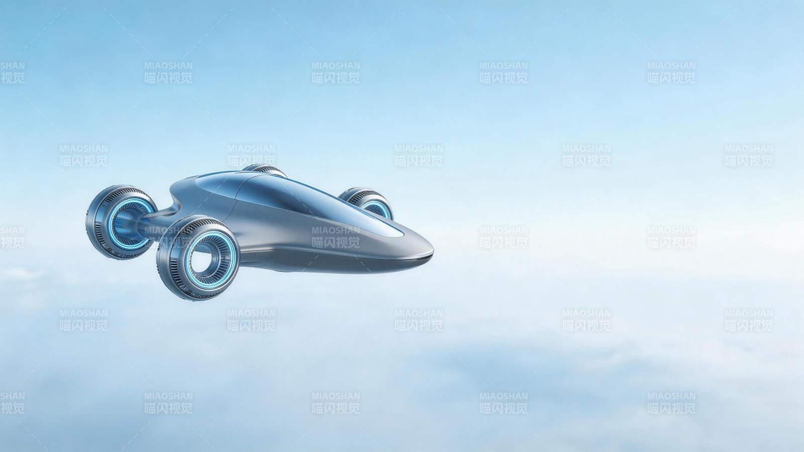 银色未来感飞行器悬浮于云层之上图片