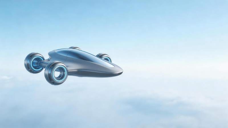 银色未来感飞行器悬浮于云层之上图片