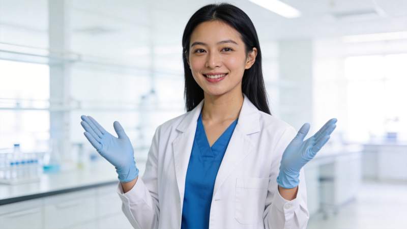 身穿白大褂戴蓝手套的女性科研人员在实验室图片