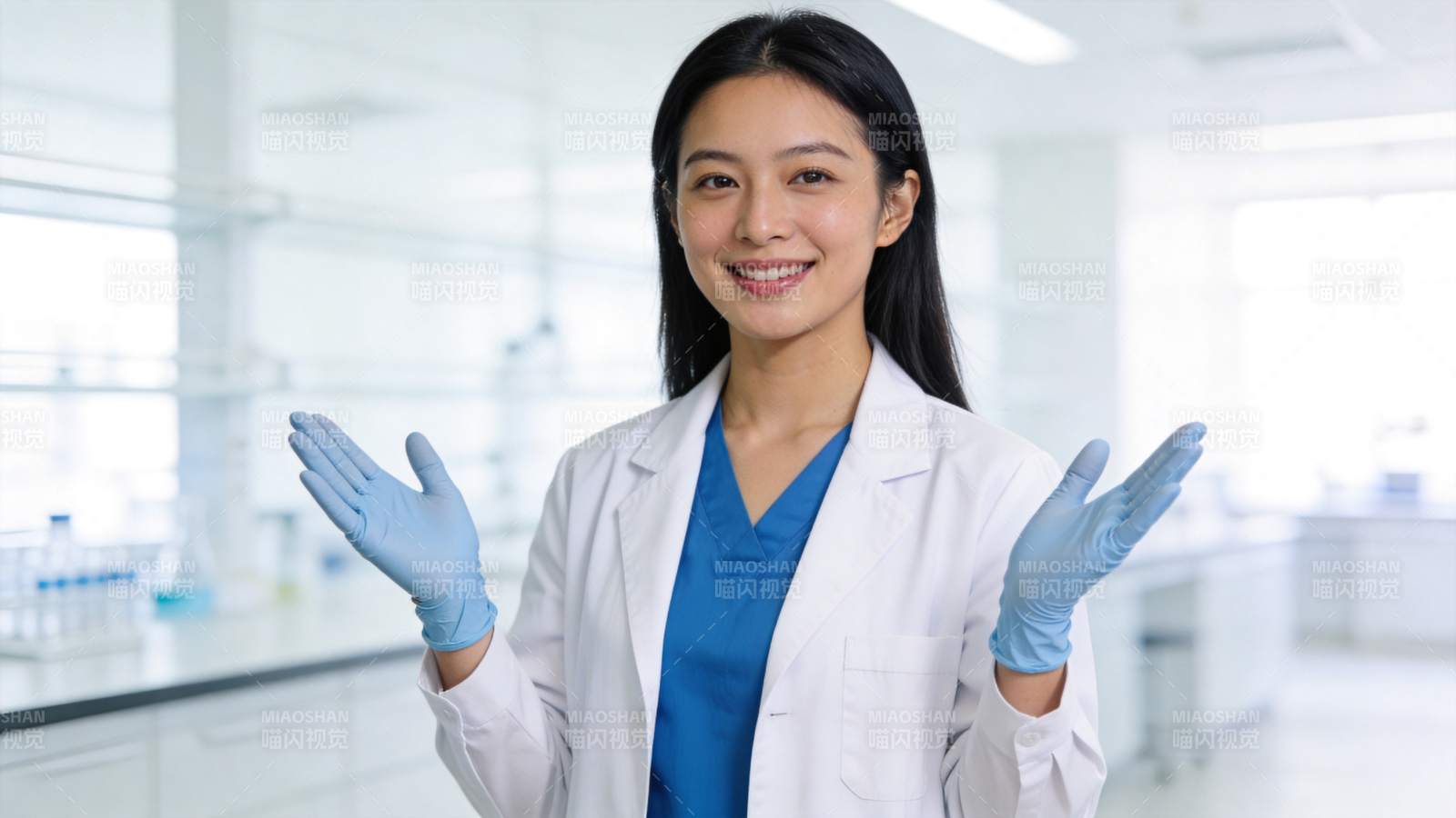 身穿白大褂戴蓝手套的女性科研人员在实验室图片