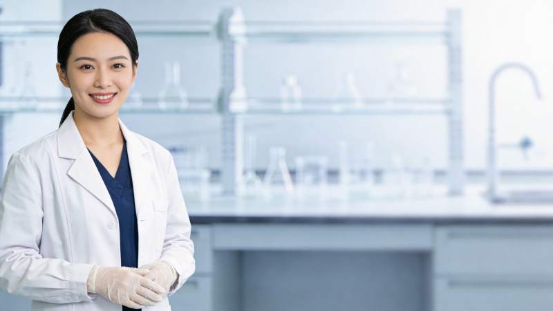 身穿白大褂戴手套的女性科研人员在实验室图片