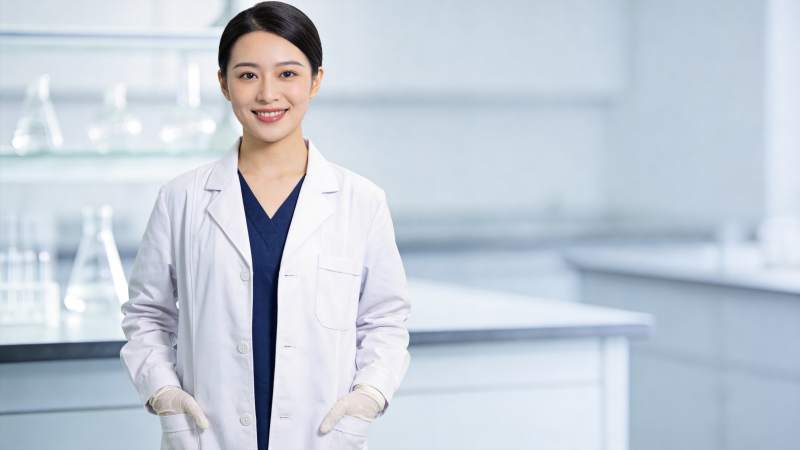 身穿白大褂戴手套的女性科研人员在实验室图片