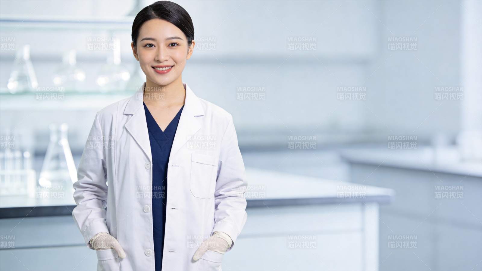 身穿白大褂戴手套的女性科研人员在实验室图片