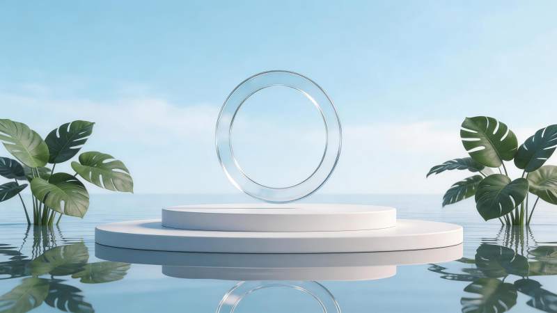 透明圆环置于双层白色展台水面场景图片