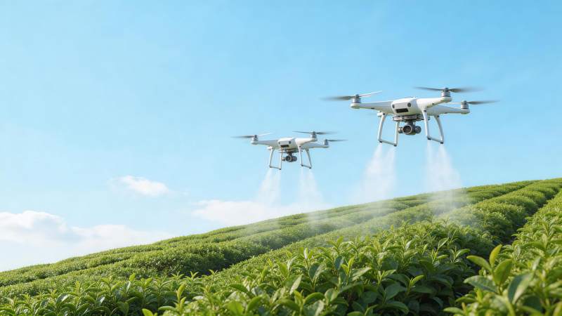 两架无人机在茶园上空喷洒作业图片