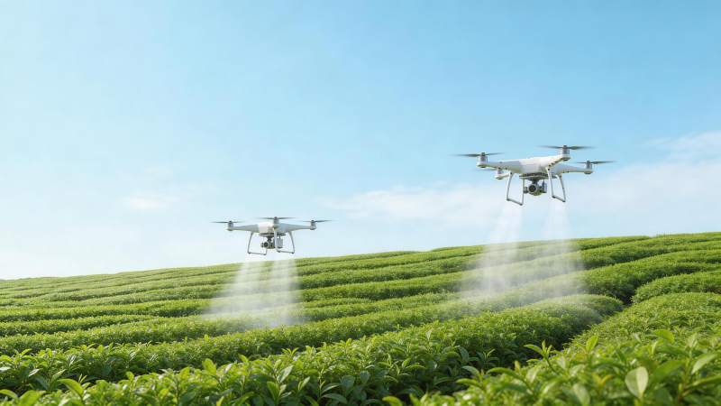 两架无人机在茶园上空喷洒作业图片