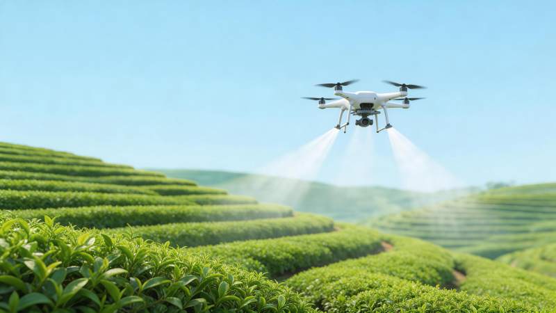 无人机在梯田茶园上空喷洒作业图片