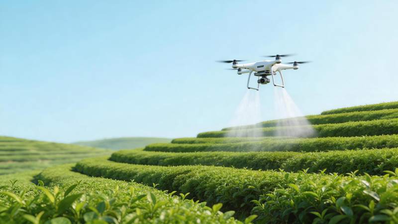 无人机在梯田茶园上空喷洒作业图片