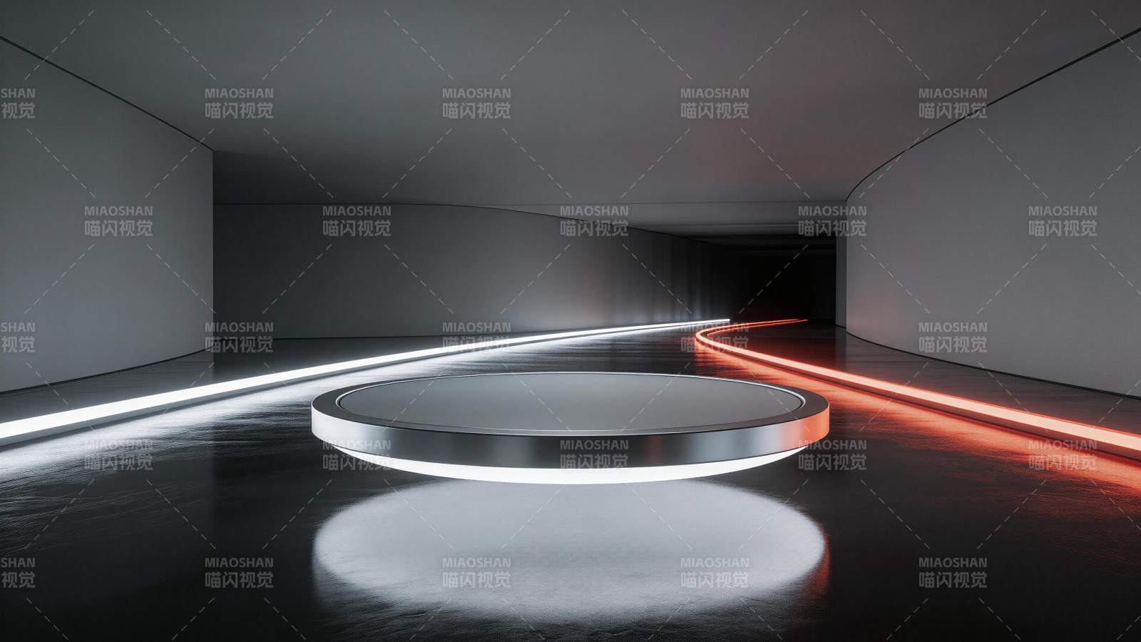 未来感展厅中央圆形发光展台与光带通道图片