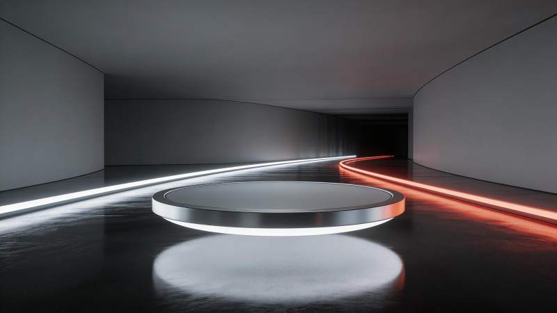 未来感展厅中央圆形发光展台与光带通道图片