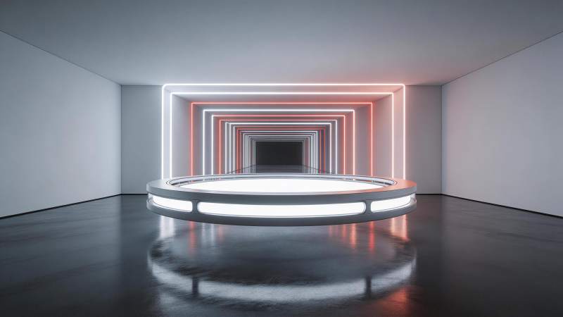 发光圆台与霓虹矩形隧道构成的未来展厅图片