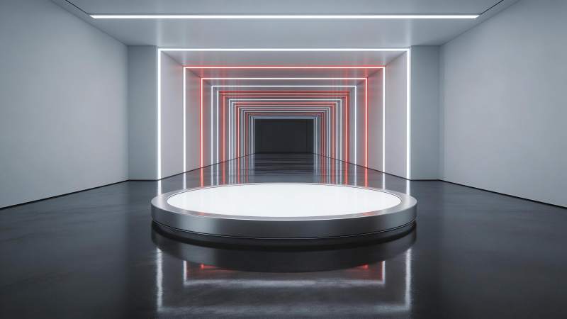 白色圆形展台置于霓虹灯隧道中央空间图片