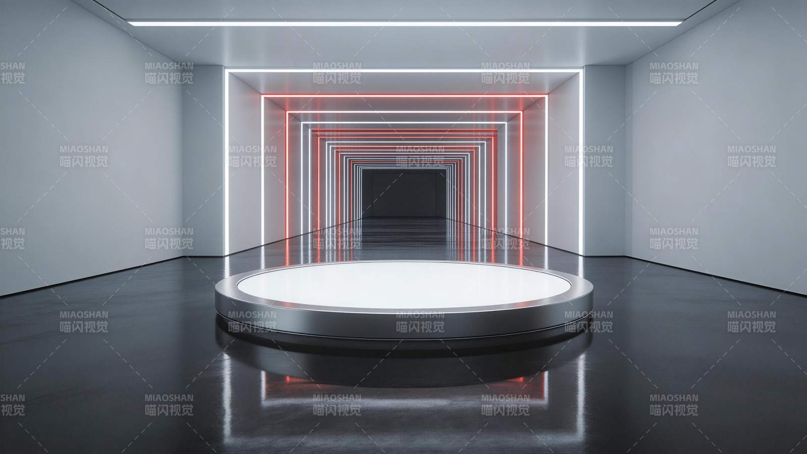 白色圆形展台置于霓虹灯隧道中央空间图片