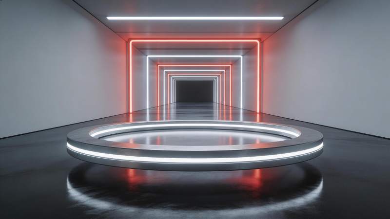 霓虹灯带环绕的圆形展台通道空间图片