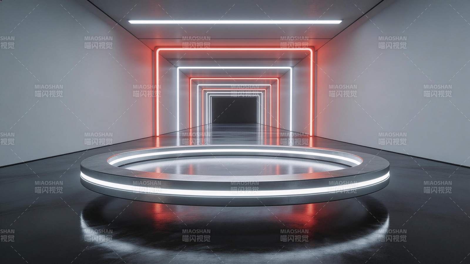 霓虹灯带环绕的圆形展台通道空间图片