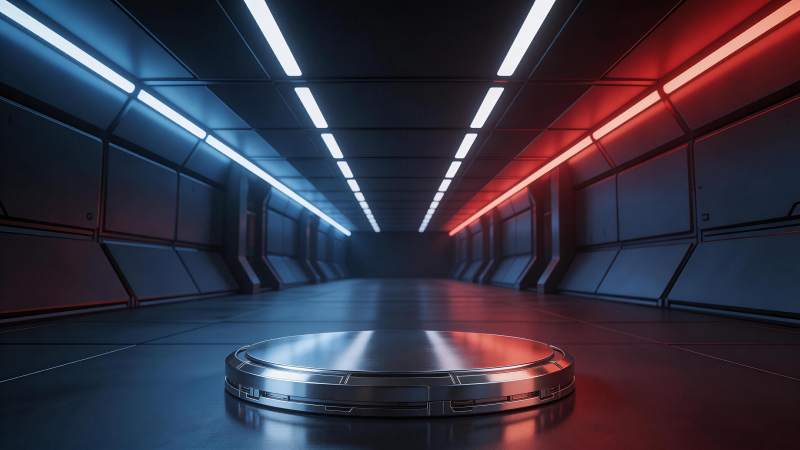 科幻风格走廊中央金属展台灯光效果图片