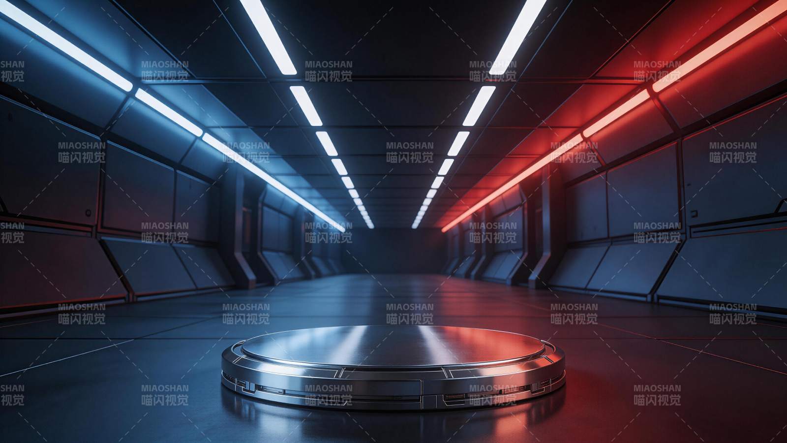 科幻风格走廊中央金属展台灯光效果图片
