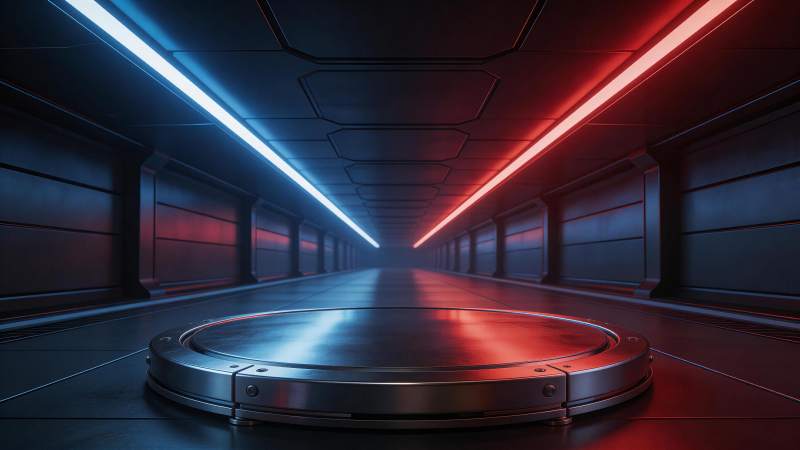 科幻风格走廊中圆形金属平台与霓虹灯带图片