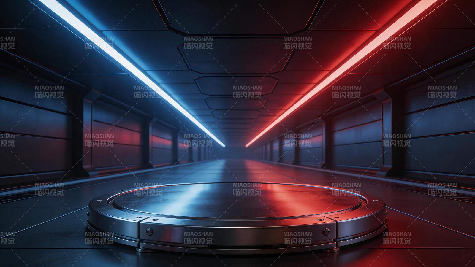 科幻风格走廊中圆形金属平台与霓虹灯带图片