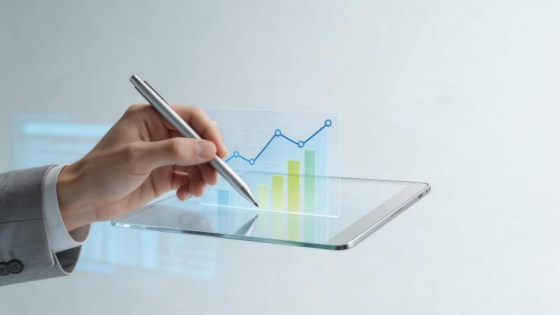 手持触控笔操作平板显示数据图表图片