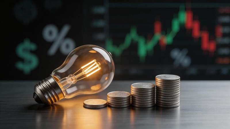 发光灯泡旁堆叠硬币与金融图表背景图片