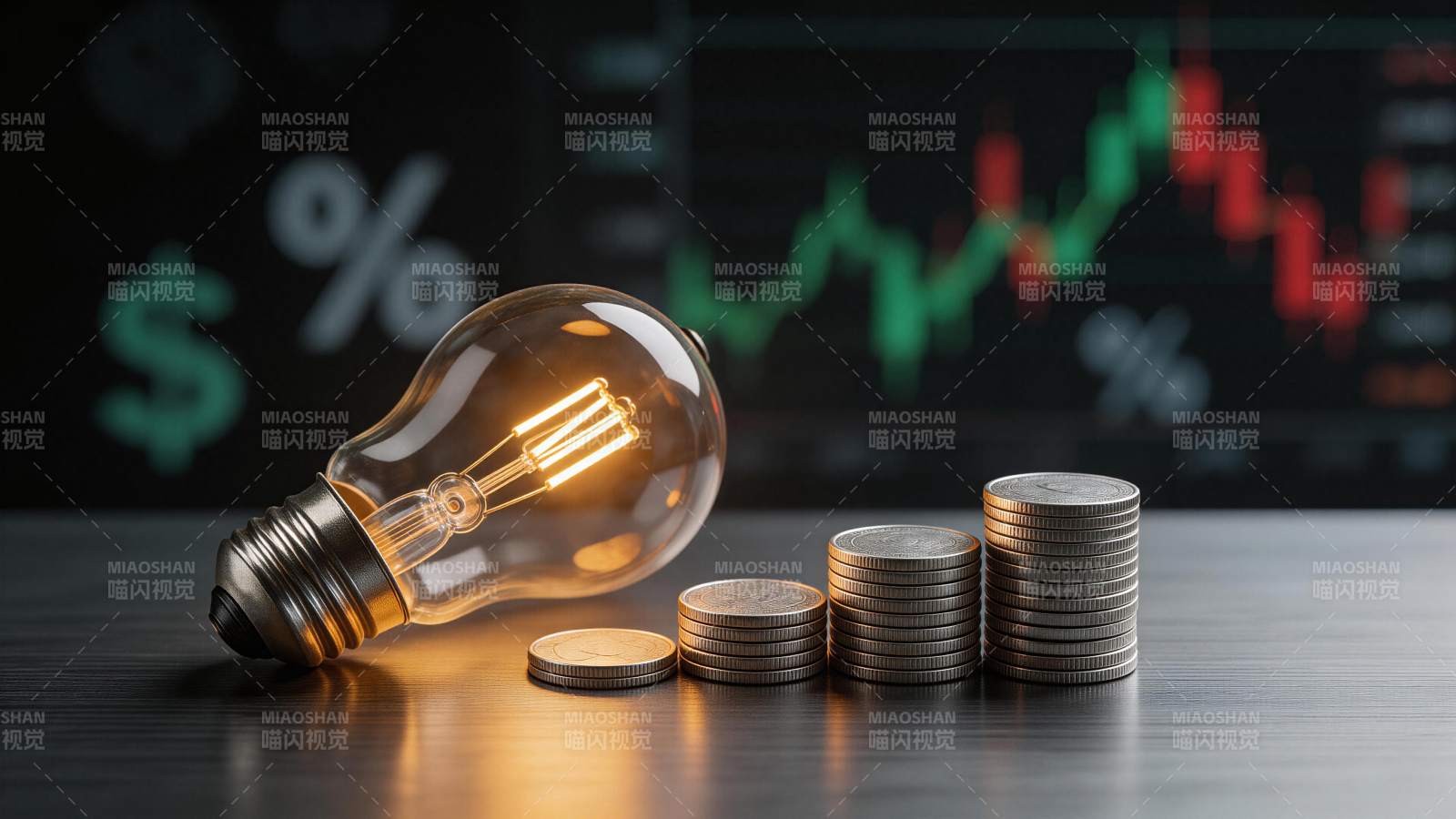 发光灯泡旁堆叠硬币与金融图表背景图片
