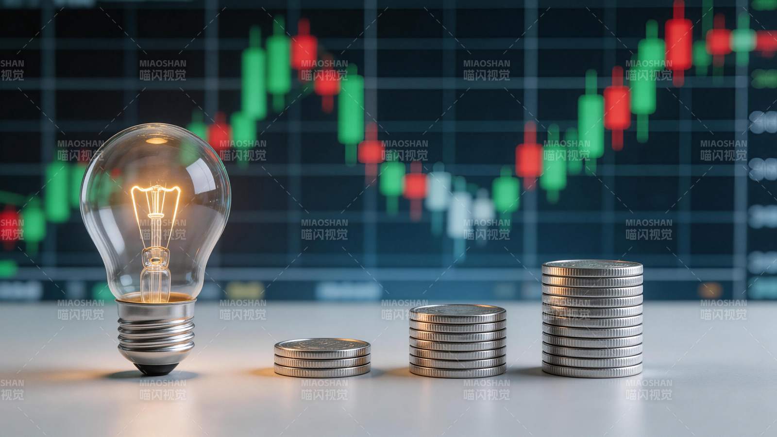 发光灯泡旁三叠硬币与股票K线图背景图片