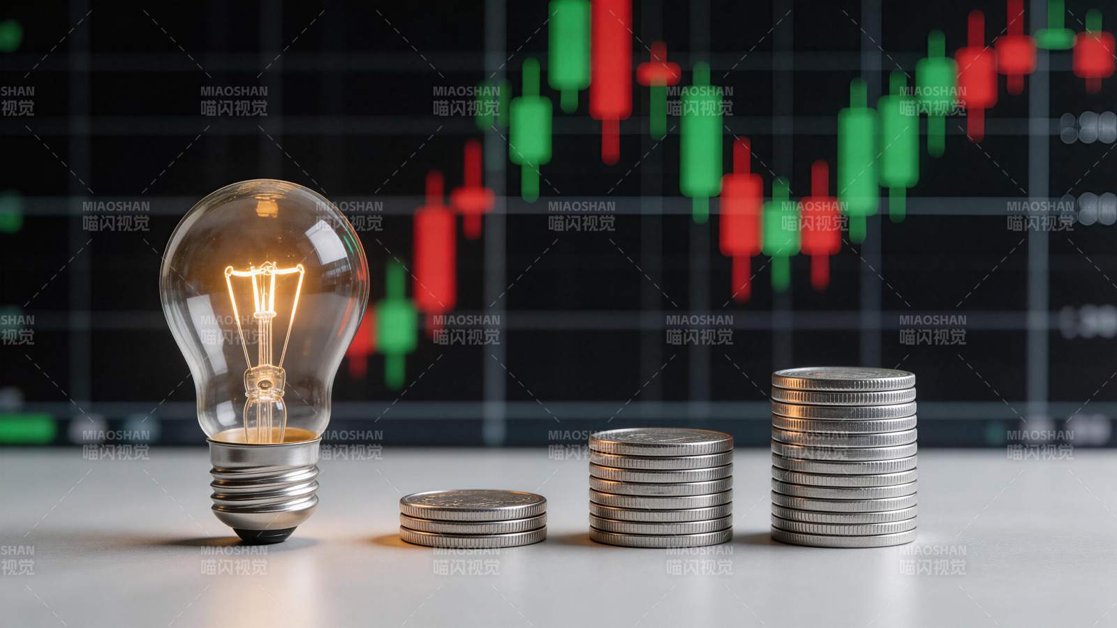 发光灯泡旁递增硬币堆与股票K线图背景图片