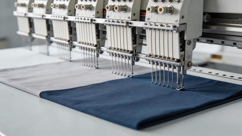 多头工业刺绣机正在布料上进行精密缝制作业图片