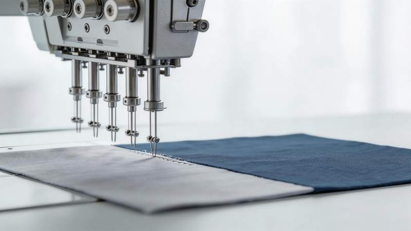 多针工业缝纫机正在缝合灰蓝双色布料图片