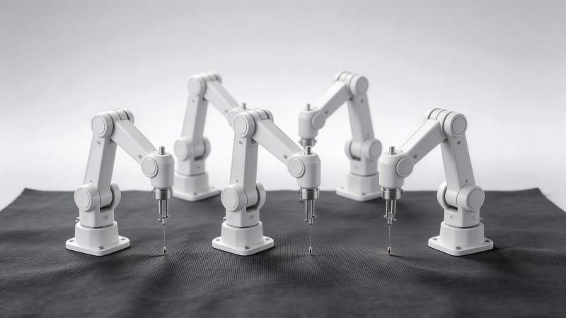 五台白色机械臂同步精准作业场景图片