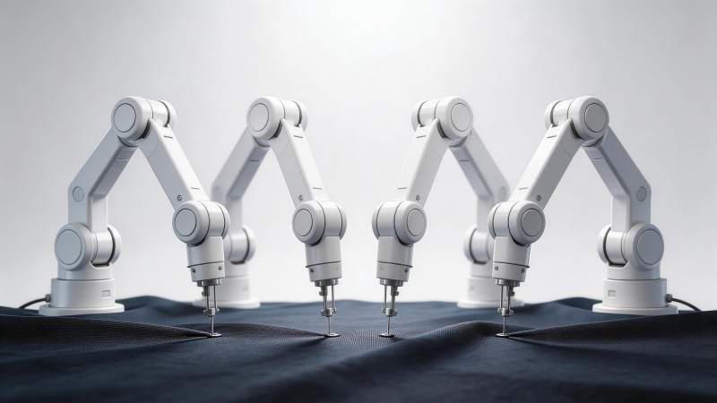 四台白色机械臂同步缝制深色布料图片