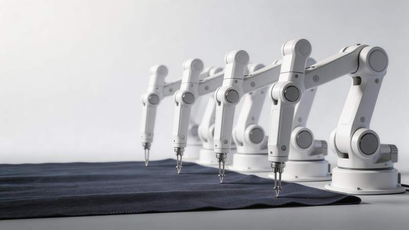 多台白色机械臂整齐排列进行精密操作图片