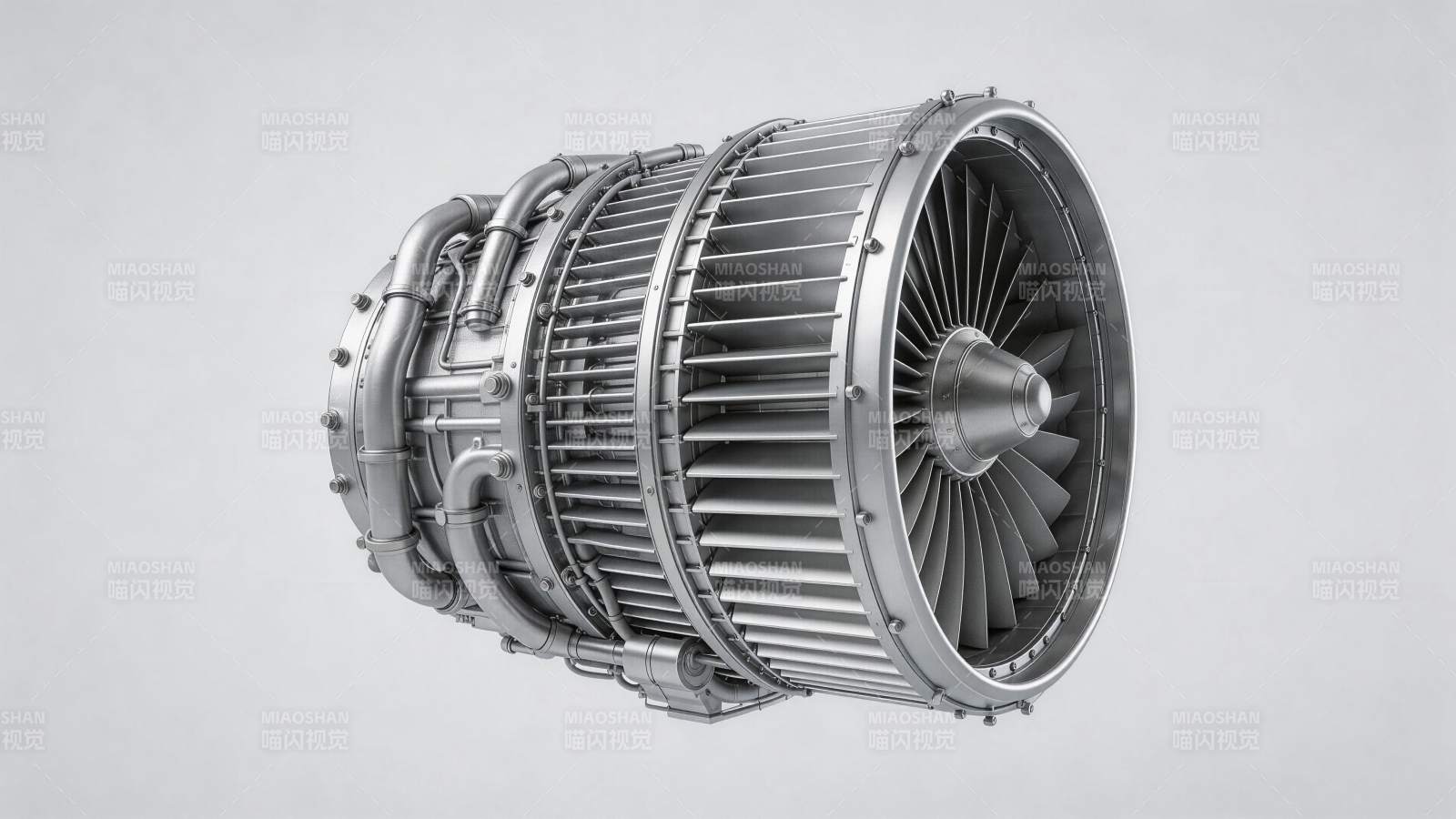 银灰色涡轮喷气发动机三维结构特写图片