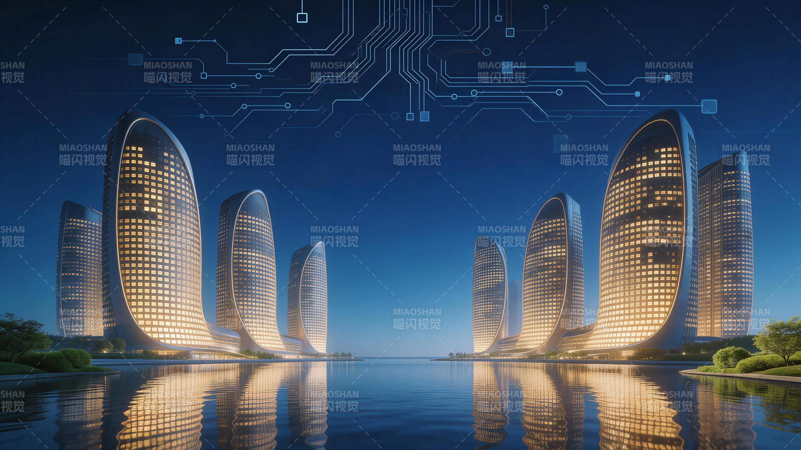 未来风格弧形摩天大楼夜景与电路图案叠加图片