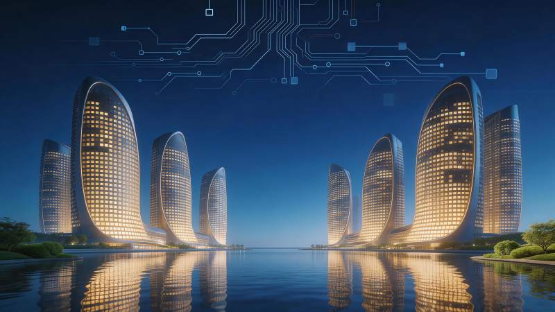 未来风格弧形摩天大楼夜景与电路图案叠加图片