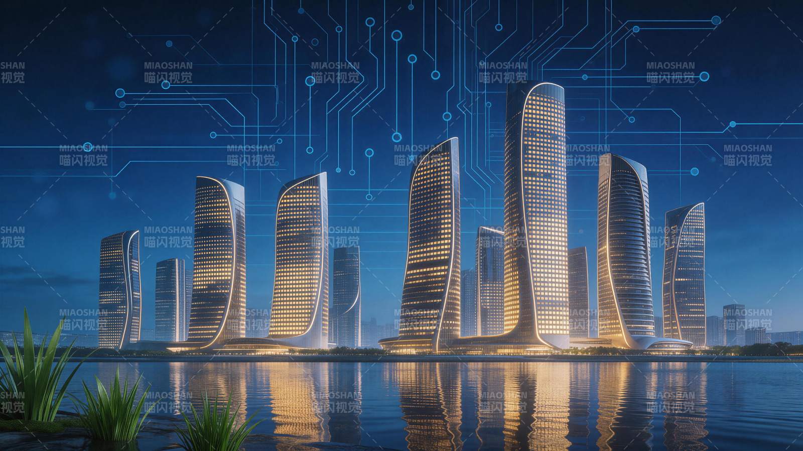 未来风格摩天大楼群夜景与电路图案叠加图片
