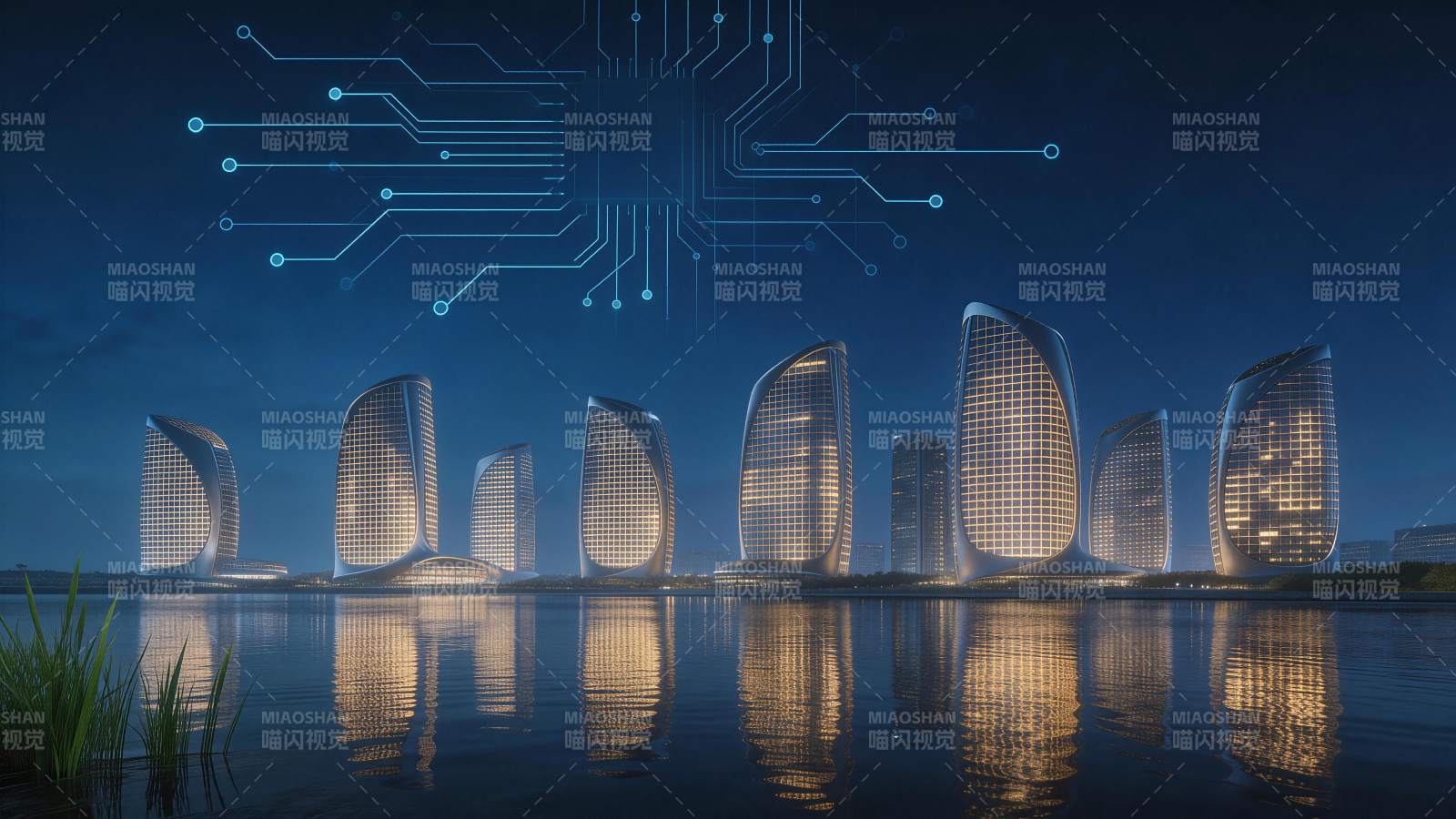 未来风格建筑群夜景与电路图案叠加效果图片