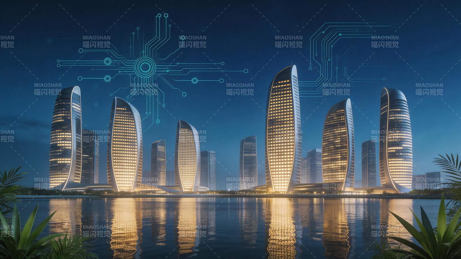 未来风格高楼群夜景与数字电路图案叠加图片